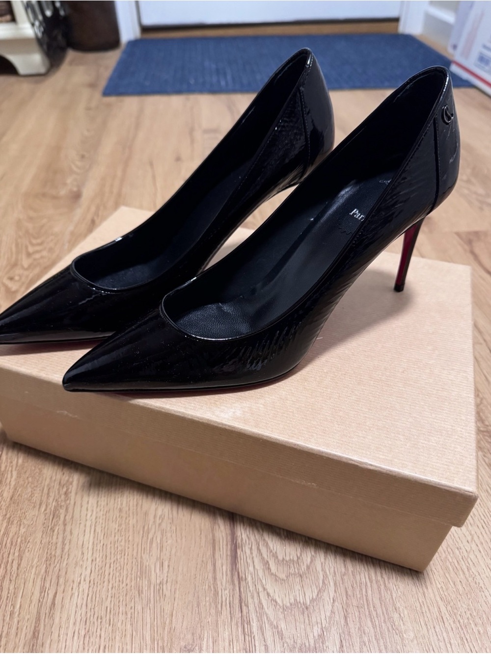 Christian Louboutin Black Patent Pointed Toe Pumps with Red Heel- Sporty Kate